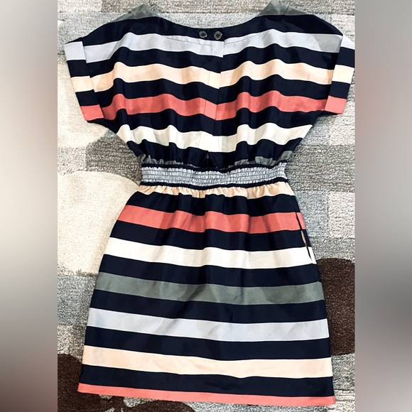 BCBGeneration Color Block Stripe Batwing Sleeves Smocked Waist Silk Mini Dress. - Picture 7 of 7